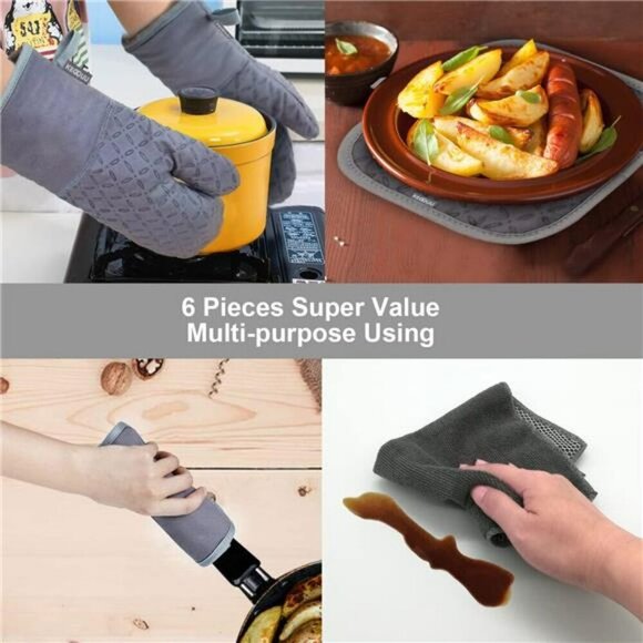 Oven Mitts and Pot Holders Set 6pcs Heat Resistant Non-Slip Silicone Gloves - Picture 6 of 7